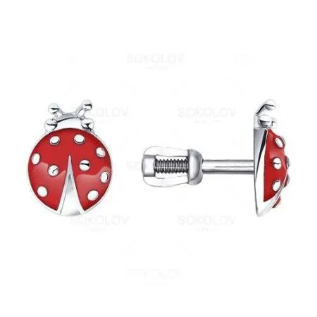 Серьги пусеты (гвоздики) из серебра с эмалью Божьи коровки (SOKOLOV)