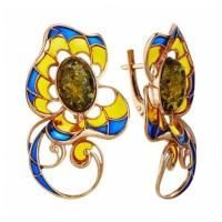 Серьги из позолоченного серебра с натуральным янтарем и эмалью