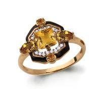 Кольцо из позолоченного серебра с цитрином, фианитами и эмалью