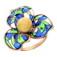 Кольцо из позолоченного серебра с натуральным белым янтарем и эмалью