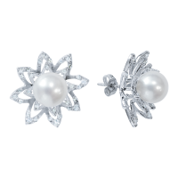 Серьги пусеты из серебра с натуральным жемчугом и фианитами