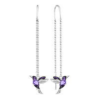 Серьги продевки "Колибри" из серебра са аметистами и фианитами