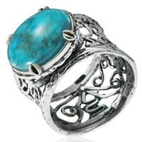 Широкое кольцо с ажурной шинкой из серебра с натуральной бирюзой