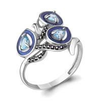Кольцо из серебра с топазами свисс блю, ювелирными кристаллами и эмалью