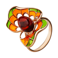 Кольцо из позолоченного серебра с натуральным красным янтарем и эмалью