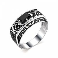 Кольцо мужское (печатка) из серебра с агатом и черной эмалью