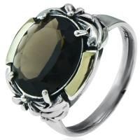 Кольцо из черненого серебра с дымчатым кварцем и золотыми вставками