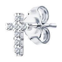 Серьга пусет крест из серебра с фианитами