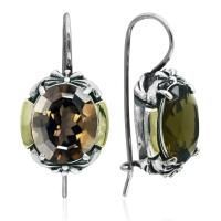 Серьги из черненого серебра с дымчатым кварцем и золотыми вставками