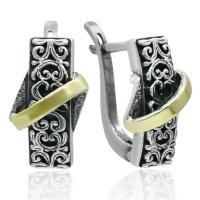 Серьги из черненого серебра с этническим орнаментом и золотыми вставками