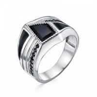 Кольцо мужское (печатка) из серебра с агатом и черными эмалью и фианитами