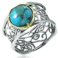 Широкое кольцо с ажурной шинкой из серебра с натуральной бирюзой и золотой вставкой