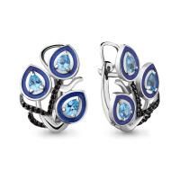 Серьги из серебра с топазами свисс блю, ювелирными кристаллами и эмалью