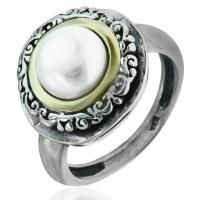 Кольцо в этническом стиле из черненого серебра с белым жемчугом и золотой вставкой