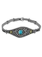 Браслет в этническом стиле из чернёного серебра с натуральной бирюзой и золотом
