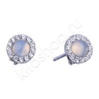 Серьги пусеты из серебра с лунным камнем и фианитами