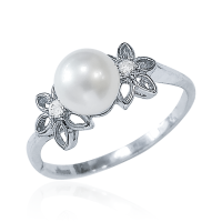 Кольцо из серебра с натуральным культивированным жемчугом и фианитом