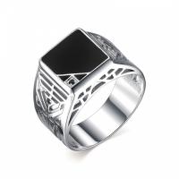 Кольцо мужское (печатка) из серебра с черными эмалью и фианитом