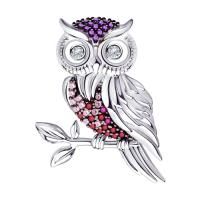 Брошь Сова на ветке из серебра с фианитами (SOKOLOV)