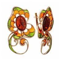 Серьги из позолоченного серебра с натуральным красным янтарем и эмалью