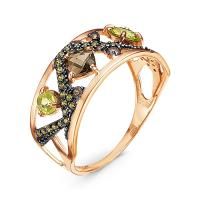Кольцо из красного золота с хризолитом, дымчатым кварцем и фианитами