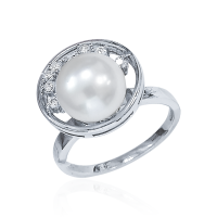 Кольцо из серебра с натуральным культивированным жемчугом и фианитами
