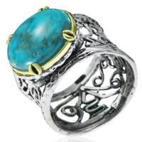 Широкое кольцо с ажурной шинкой из серебра с натуральной бирюзой и золотой вставкой