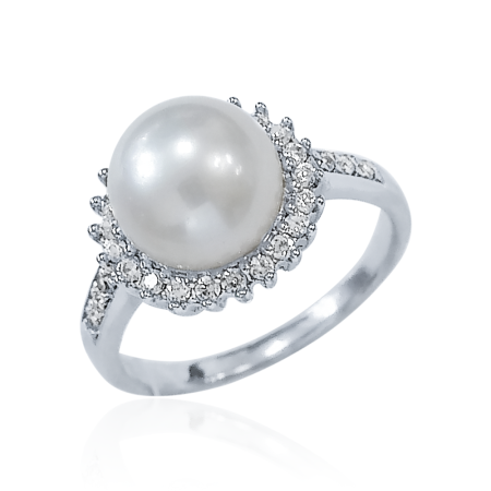 Кольцо из серебра с натуральным культивированным жемчугом и фианитами