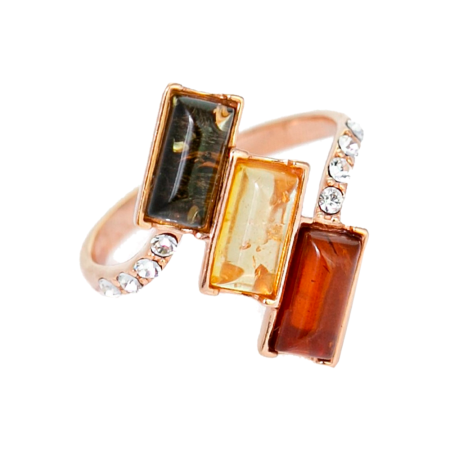 Кольцо из позолоченного серебра с натуральным янтарем микс и фианитами