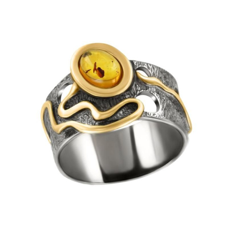 Кольцо из комбинированного серебра с янтарем и позолотой