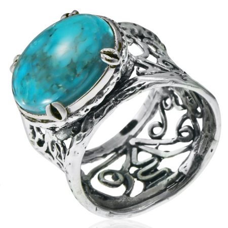 Широкое кольцо с ажурной шинкой из серебра с натуральной бирюзой
