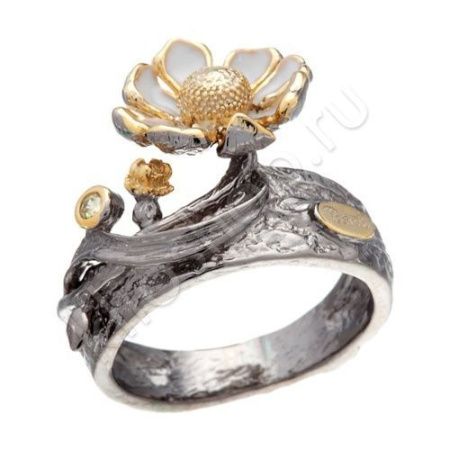 Кольцо из комбинированного серебра с эмалью и фианитом