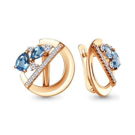 Серьги из позолоченного серебра с натуральными топазами свисс блю и фианитами