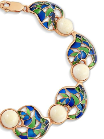 Браслет из позолоченного серебра с натуральным белым янтарем и эмалью