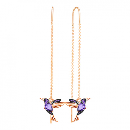 Серьги продевки из серебра с позолотой и фиолетовыми фианитами