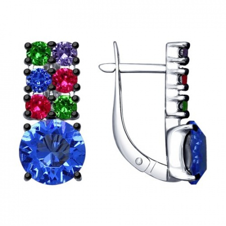 Серьги из серебра с зелеными, розовыми, синими и сиреневыми кристаллами Swarovski