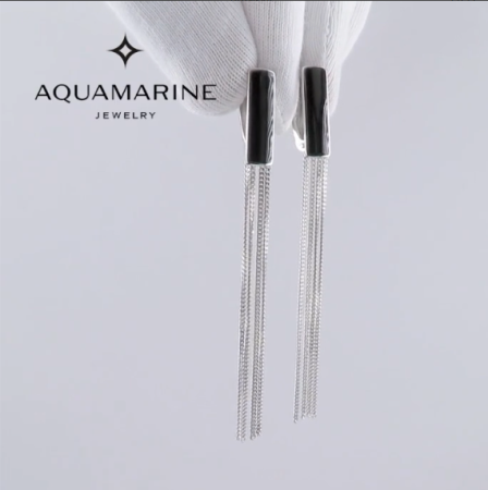 Длинные серьги из серебра с черной эмалью и цепочками