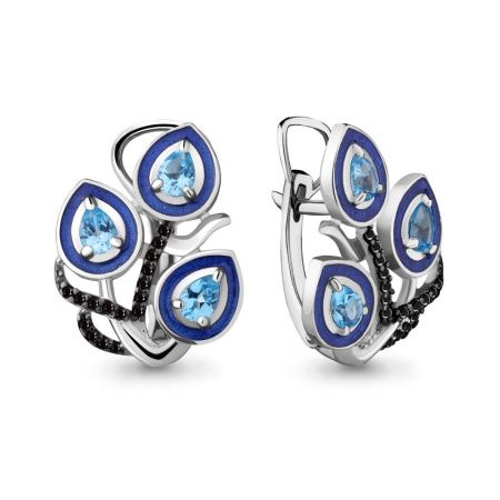 Серьги из серебра с топазами свисс блю, ювелирными кристаллами и эмалью
