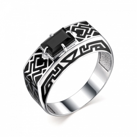 Кольцо мужское (печатка) из серебра с агатом и черной эмалью