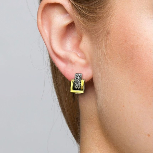 Серьги из черненого серебра с этническим орнаментом и золотыми вставками