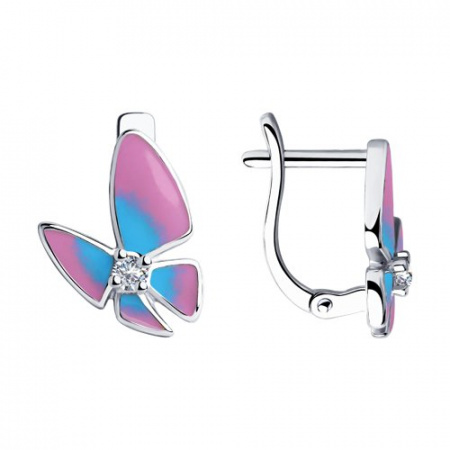 Серьги из серебра с фианитами и эмалью бабочки (SOKOLOV)