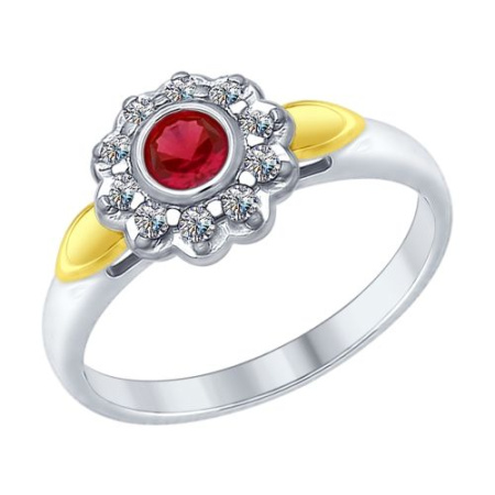 Кольцо из серебра с красным корундом (синт.) и фианитами (SOKOLOV)