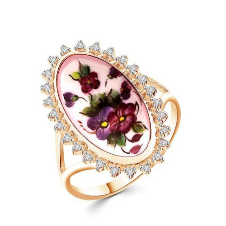 Кольцо из позолоченного серебра с финифтью и фианитами