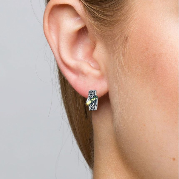 Серьги из черненого серебра с этническим орнаментом и золотыми вставками