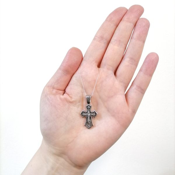 Православный крест из серебра с чернением. Распятие Христово. Святитель Николай.