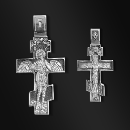 Православный крест из серебра с чернением. Распятие Христово. Архангел Михаил.