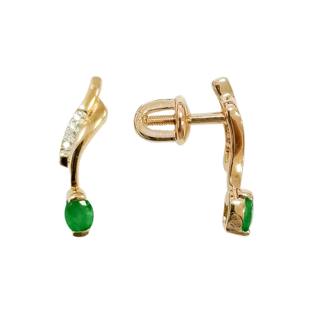Серьги-пусеты  из красного золота с изумрудами и бриллиантами