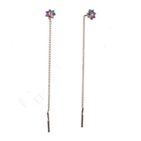 Серьги продевки из серебра с позолотой и разноцветными фианитами