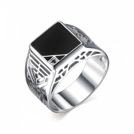 Кольцо мужское (печатка) из серебра с черными эмалью и фианитом