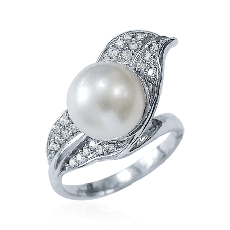 Кольцо из серебра с натуральным культивированным жемчугом и фианитами